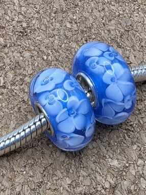 2 X Blue Floral Glass Charm Bead For Pandora Bracelets Sterling Silvet